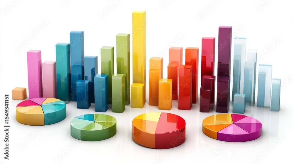 Poster Elegant D chart elements floating against a white background, featuring bars and pie segments in various colors for a professional look.