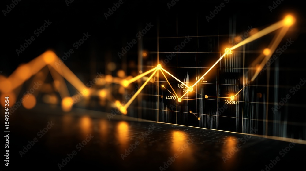 Poster Financial trend graph with rising and falling lines on a black background, glowing points highlighting key data points, modern aesthetic.