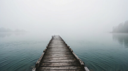 A wooden pier vanishes into thick fog over a tranquil lake, evoking solitude and mystery