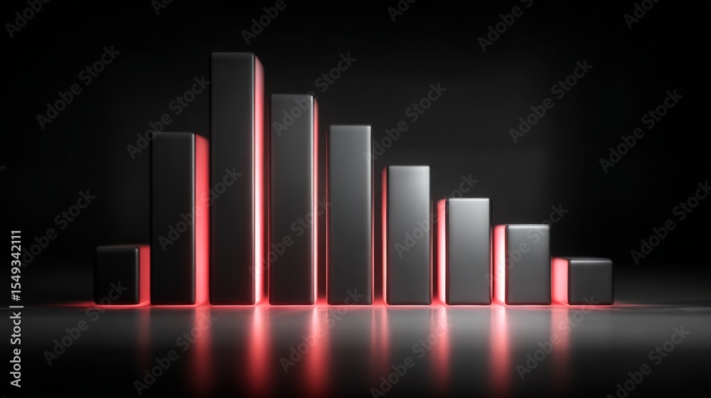 Poster futuristic d bar graph with metallic bars and neon accents, glowing softly against a black backgroun
