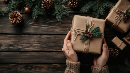 A beautifully wrapped gift adorned with natural twine and a pine cone, surrounded by festive greenery, capturing the essence of holiday spirit and the joy of giving to loved ones.