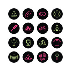 Summer Activities Icons Set in Black Circles with Pink and Green