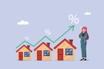 Real Estate Property Growth Chart with Increasing Percentage Arrows and Houses, Symbolizing Investment Success and Market Appreciation