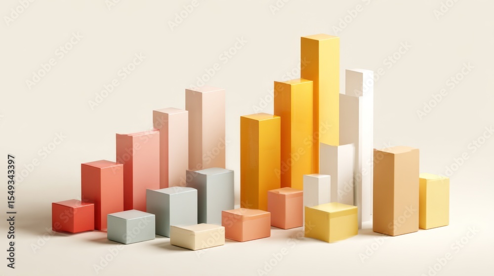 Poster minimalistic bar chart with three-dimensional bars in various heights, set against a clean white bac