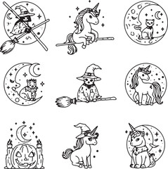 Naklejka premium Enchanted Halloween & Unicorn Illustrations Cute Witch, Cat, and Magical Pony Designs
