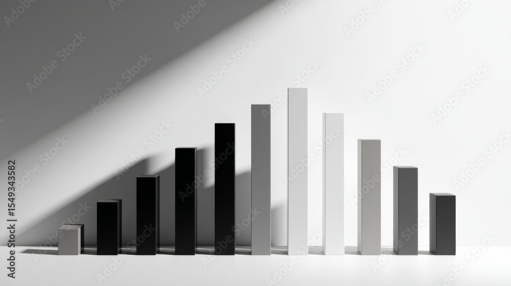 Poster minimalist d bar graph with tall, solid-color bars against a plain white background, casting precise
