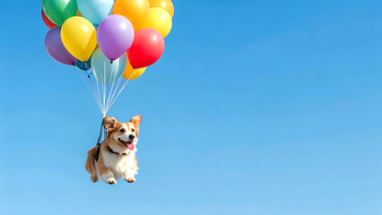 Happy corgi dog flying with colorful balloons