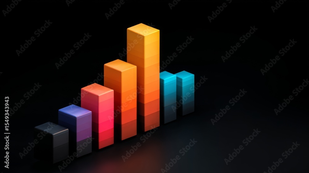 Aufkleber multi-colored d bar chart displaying data trends over time, placed on a sleek black background, emph