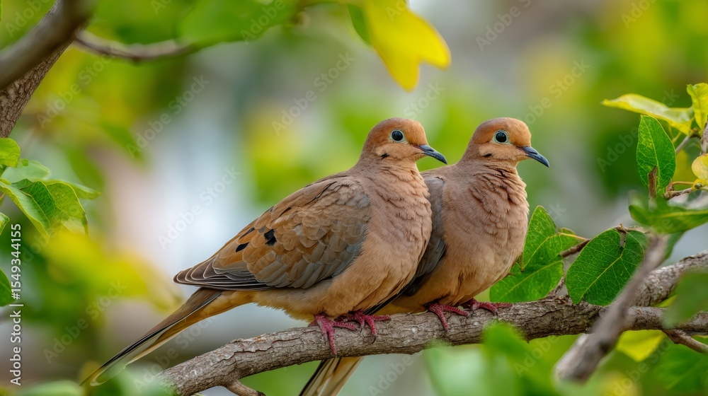 Poster pair of doves perched closely on a tree branch, surrounded by green leaves, capturing a serene and r