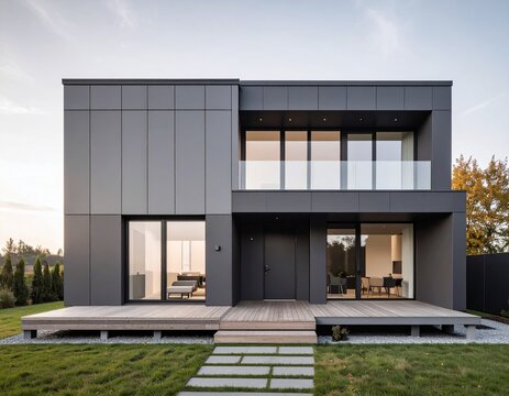 Facade of a modern two-story house in gray tones, minimalism