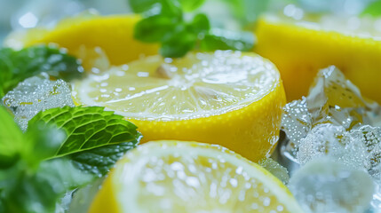 Macro Fresh Citrus and Mint: Close-Up of Textured Lemon Slices, Glossy Ice Cubes, and Fragrant Mint Leaves in Soft Natural Light, Creating a Refreshing Summer Atmosphere