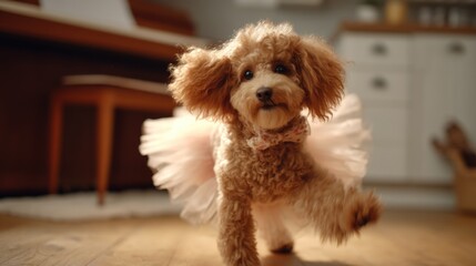 Adorable dog wearing pink tutu, playful prancing on wooden floor at home. Fluffy fur, joyful happy charming toy poodle. Cute funny doggy have fun, play. Lovely pet. Animal care.
