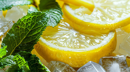 Macro Fresh Citrus and Mint: Close-Up of Textured Lemon Slices, Glossy Ice Cubes, and Fragrant Mint Leaves in Soft Natural Light, Creating a Refreshing Summer Atmosphere