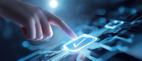 The interaction of a finger pressing a digital verification button on a circuit board.