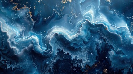 A stunning abstract artwork featuring dynamic blue waves mixed with golden accents, visually captivating and evoking emotions of depth, creativity, and artistic expression.