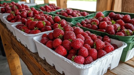 A vibrant display of fresh strawberries in green baskets at a market, showcasing the tempting allure of seasonal fruits and promoting healthy snacking options to visitors.
