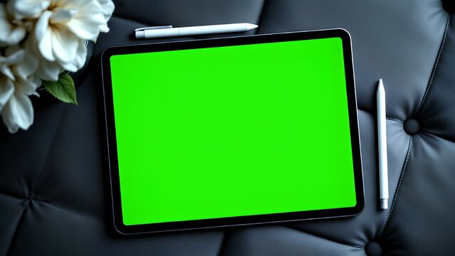 Top-down view of a digital tablet with a chroma key green screen and stylus on a black leather surface. An elegant workspace mockup with flowers, ideal for showcasing apps or