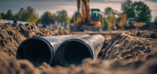 The construction site featuring large pipes and heavy machinery at work.