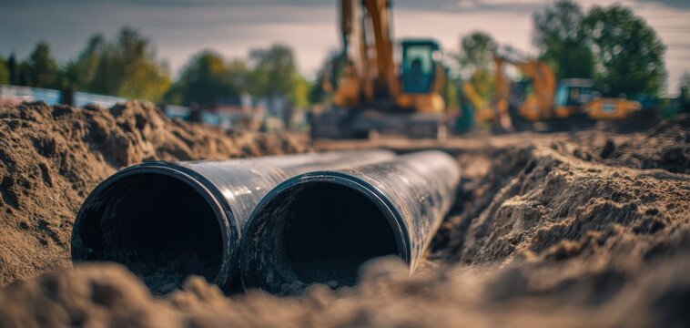 The construction site featuring large pipes and heavy machinery at work.