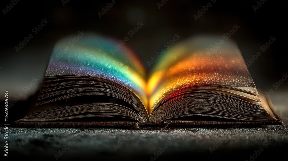 Poster Old open book with magical light shining through the pages laying on a table creates colorful reflections