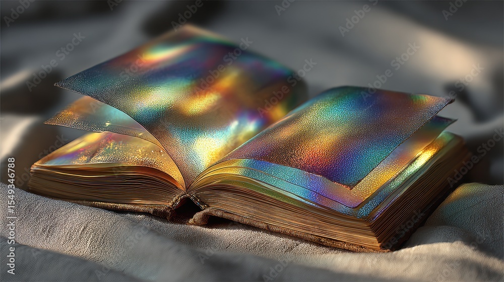 Poster Old open book with magical light shining through the pages laying on a table creates colorful reflections