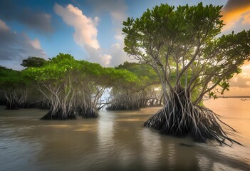 Serene mangrove ecosystem thrives, roots reaching for the water.