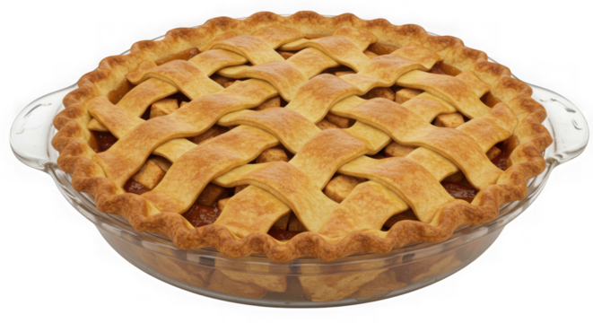 Delicious lattice top apple pie in glass dish isolated on transparent background
