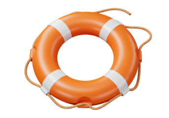 Isolated Orange Lifebuoy with White Stripes and Rope
