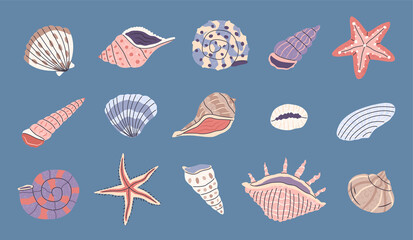 Set of flat different seashells isolated on background. summer sea illustration.