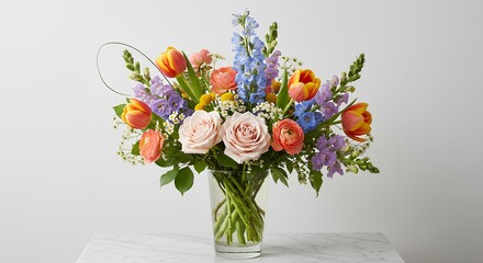 Obraz premium Colorful Flower Bouquet in Glass Vase on Marble Table