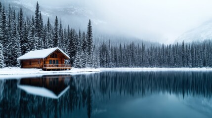 Fototapeta premium A peaceful winter scene features a charming cabin beside a serene, frozen lake surrounded by tall, snow-covered trees under a misty atmosphere that invites tranquility and reflection.