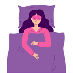 A young woman is sleeping in a bed with a sleep mask. illustration in a cartoon flat style isolated on a white background.
