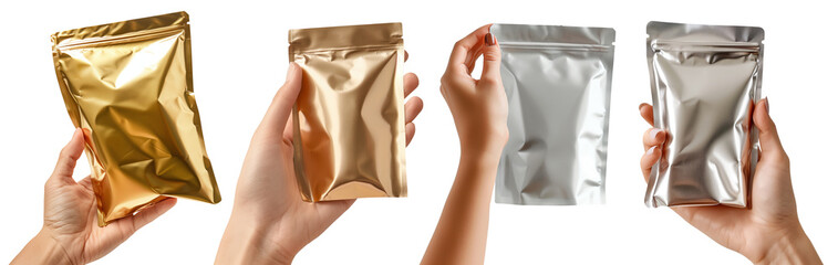 Mockup hand holding plain gold and silver metallic foil zip top lock stand up bag without logo isolated on a transparent background for product presentation or design overlay.