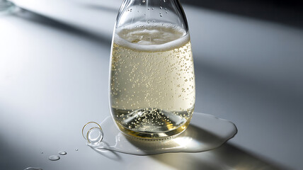 Champagne bottle with effervescent bubbles, a minimalist still life.
