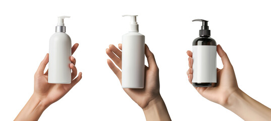 Mockup hand holding cosmetic packaging, lotion pump disposure, isolated on a transparent background for product presentation or design overlay.