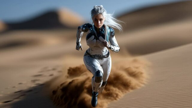 A girl with white hair in a futuristic exoskeleton runs through the sand dunes of the desert, raising a cloud of dust