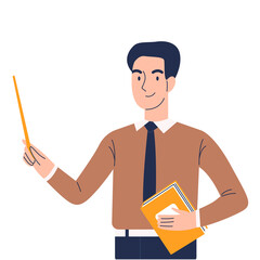 A smiling man teacher with a pointer and a book in his hands in a cartoon flat style. The illustration is isolated on a white background.