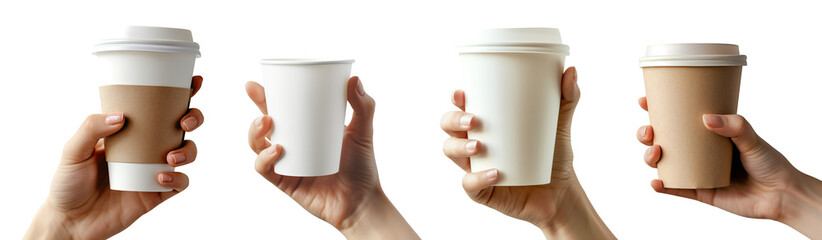 Mockup hand holding plain white and brown paper cup for hot coffee without logo isolated on a transparent background for product presentation or design overlay.