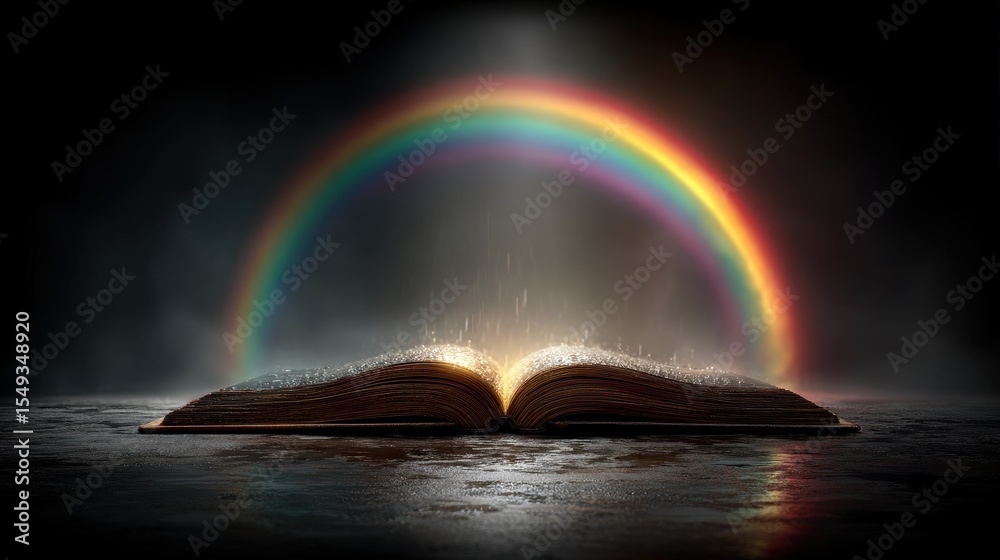 Poster Open magical book illuminates with rainbow colors and emits light from its pages on a dark background