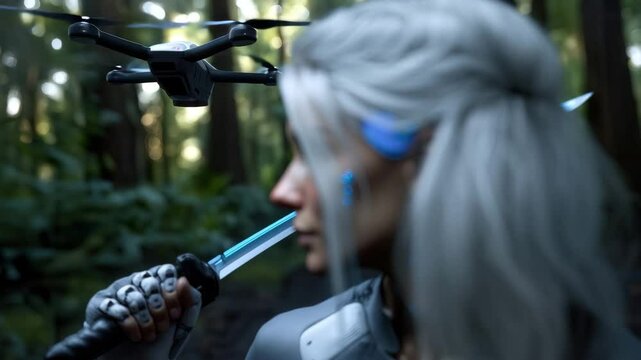 A girl with white hair and blue patterns on her skin holds a glowing sword in the forest, with a drone nearby