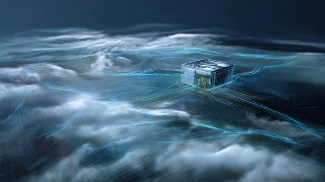 Cloud-based server system, hovering above terrain in abstract digital art. Cloud Computing service : Real Cloud and applications control over the city for network security computer