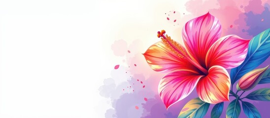 Obraz premium Vibrant hibiscus flower illustration with colorful petals and leaves.