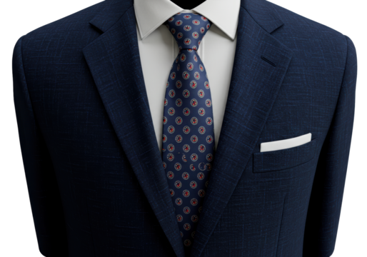 Isolated Navy Blue Suit Jacket with Patterned Tie and Pocket Square
