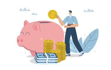 Saving and investment concept, Investing in future, Personal finance management and financial knowledge, Businessman putting coins into piggy bank, Flat design vector illustration.