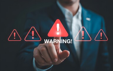 Businessman touching a digital warning sign concept representing cybersecurity risks and data threats