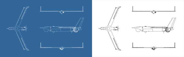 Set Military combat drone UAV technical line drawing blueprint isolated background