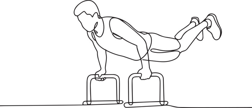 continuous single line drawing of a person doing push-up exercise on parallel bars in athletic wear against white background