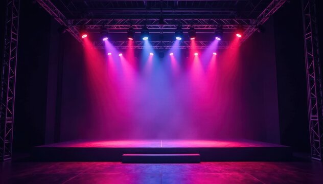 Elevated stage view, complex lighting truss system, lighting, installation