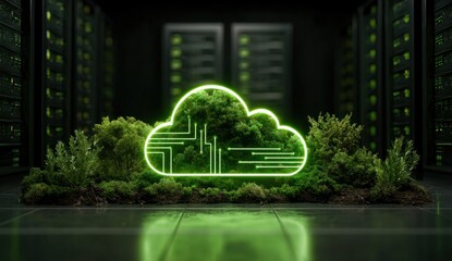 A vibrant green cloud symbol filled with lush foliage glows within a modern data center, symbolizing sustainable technology.