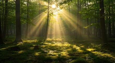 Sunbeams Illuminating a Mystical Forest